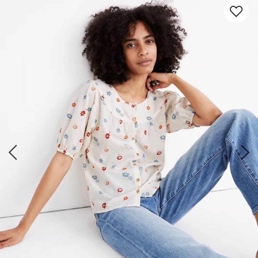 Madewell Floral Button-Up Top - Cream with Red and Blue Accents